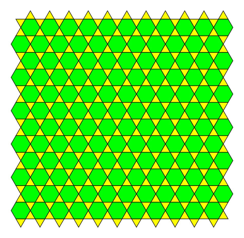 Mřížka typu kagome, obr. Tomruen, CC BY-SA 4.0, https://creativecommons.org/licenses/by-sa/4.0, via Wikimedia Commons.