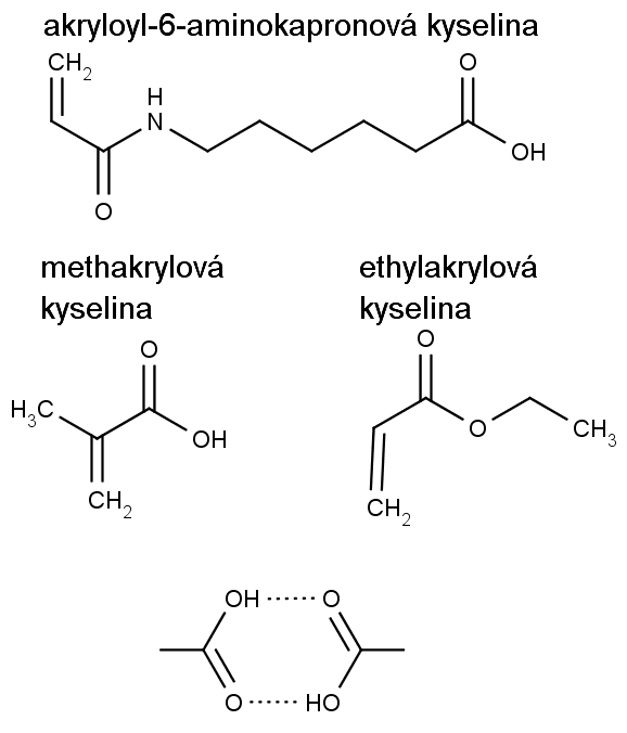 struktura akryloyl 6-aminokapronové kyseliny (nahoře), ethylakrylové kyseliny (uprostřed vpravo) a methakrylové kyseliny (uprostřed vlevo); dole se nachází propojení mezi dvěma karboxylovými skupinami pomocí vodíkových vazeb