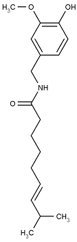 Chemická struktura kapsaicinu neboli 8-methyl-N-vanillyl-6-nonenamidu.