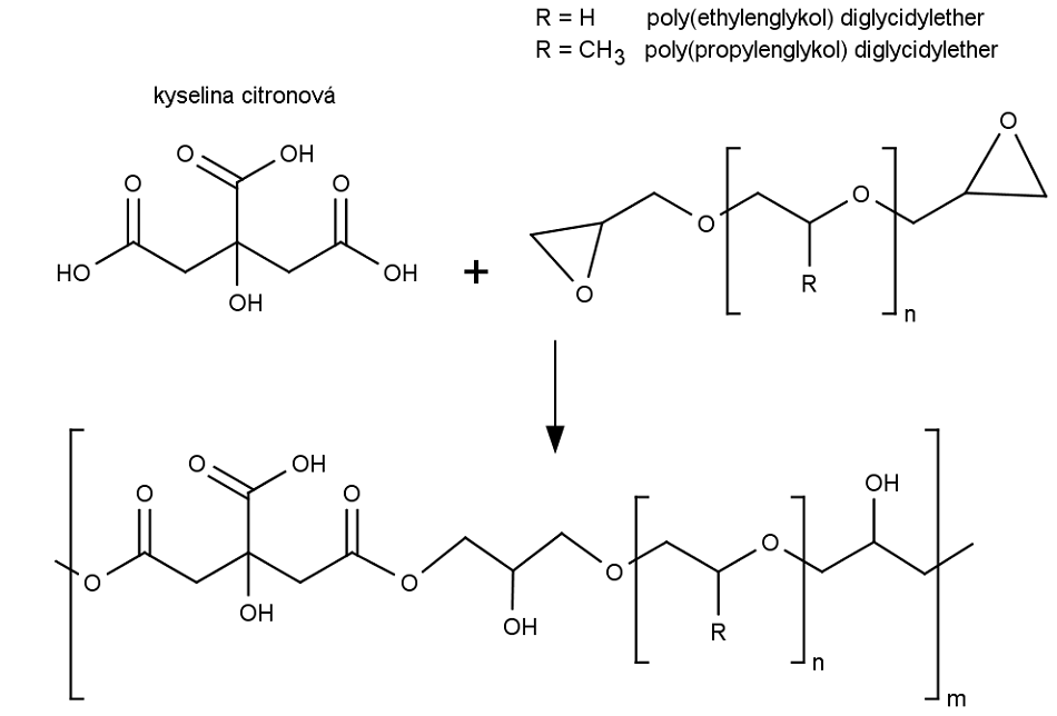Polymerace kyseliny citronové s poly(ethylenglykol) diglycidyletherem nebo poly(propylenglykol) diglycidyletherem