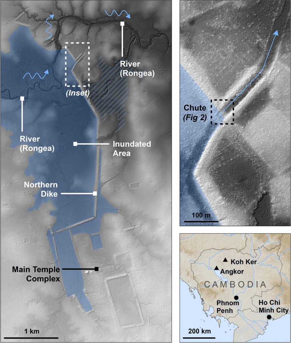 Plánek vodního díla na řece Stung Rongea, detail propusti a mapka oblasti, obr.Dr.Ian Moffat, Flinders University.