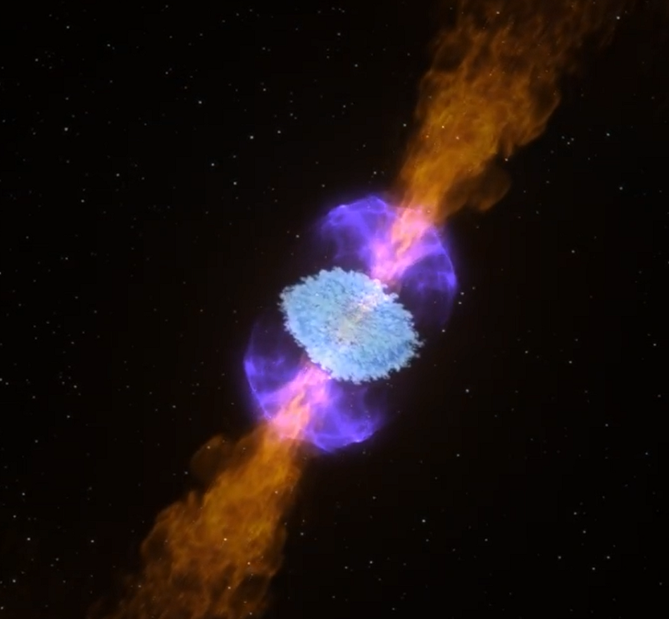 Umělecká rekonstrukce výbuchu po srážce dvou neutronových hvězd, video NASA.