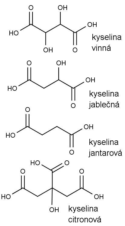 Seshora dolů chemická struktura kyseliny vinné, jablečné, jantarové a citronové.