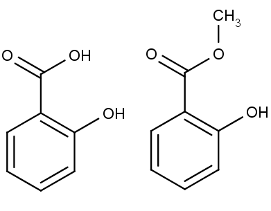 Kyselina salicylová (vlevo) a její methylester (vpravo)