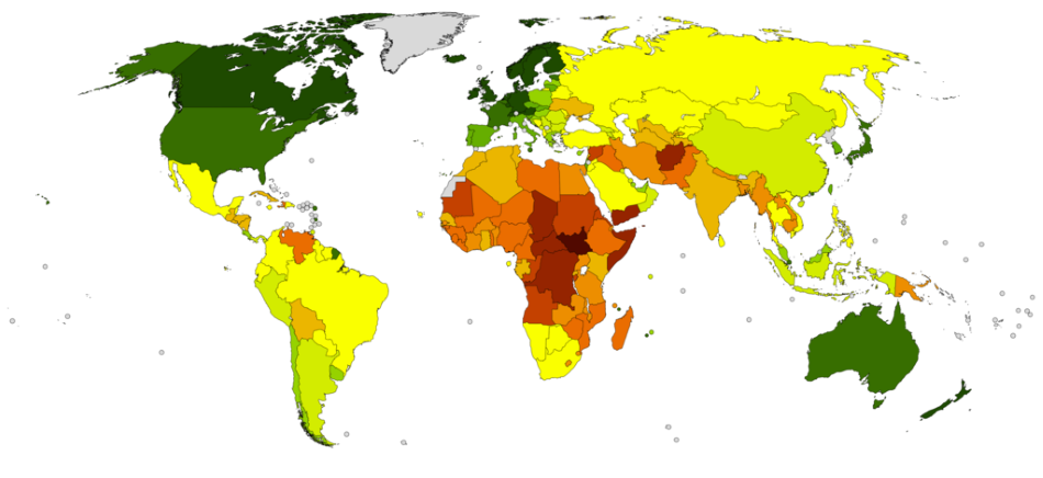 Legatum index prosperity je mnohem komplexnější než Gallup-Sharecare. Zahrnuje 104 proměnných seskupených do 9 subindexů. Na obrázku ho vidíme pro rok 2019, tmavě zelená označuje nejvyšší, tmavě hnědá nejnižší, obr.JackintheBox/CC BY-SA, https://creativecommons.org/licenses/by-sa/4.0, https://commons.wikimedia.org/wiki/File:Countries_by_Legatum_Prosperity_Index_(2019).png.