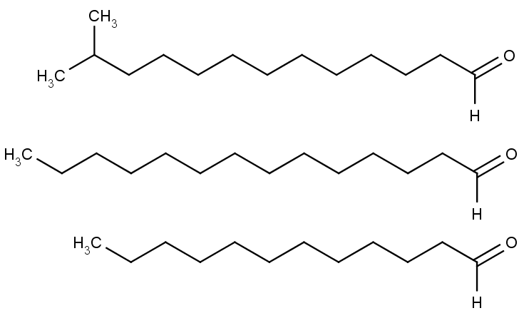 Chemická struktura sexuálních feromonů lemurů kata, seshora dolů 12-methyltridekanal,  tetradekanal a dodekanal.