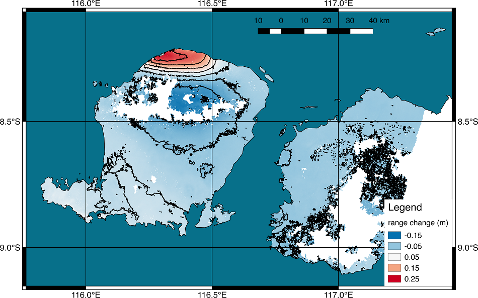 Mapa ostrova Lombok v nepravých barvách s vyznačením vzestupů a poklesů způsobených nedávným zemětřesením, obr. NASA/JPL-Caltech/Copernicus/ESA.