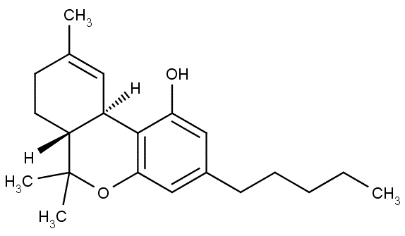 Struktura tetrahydrokanabinolu - účinné látky harihuany a hašiše.