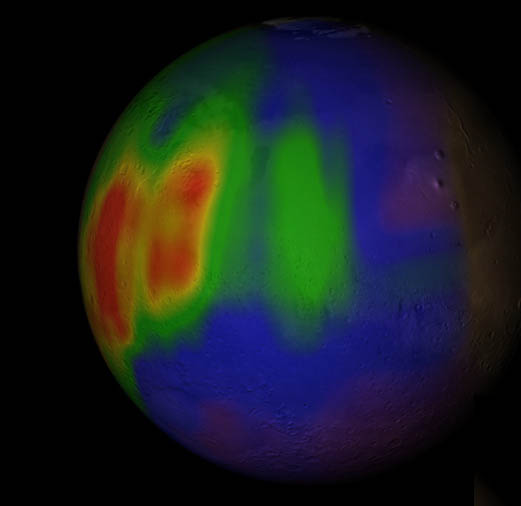 Obrázek Marsu znázorňující koncentraci methanu v atmosféře. Temně modrý až fialový tón značí nulové množství, červený 30 ppb (part per bilion) (obr NASA)