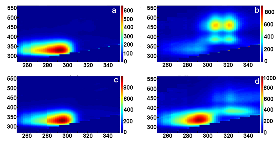 Fluorescenční spektra na ose y vlevo vybuzená ultrafialovým zářením s vlnovou délkou na ose x, (a) libové hovězi, (b) tučné hovězí, (c) libové telecí, (d) tučné telecí. Na ose y vpravo vidíme intezitu vybuzeného záření,  obr.Islam K et al. Autofluorescence excitation-emission matrices as a quantitative tool for the assessment of meat quality. J. Biophotonics. 2019;e201900237. © 2019 Wiley-VCH Verlag GmbH & Co. KGaA.