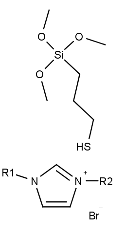 nahoře struktura (3-merkaptopropyl)trimethoxysilanu, dole dialkylimidazolium bromidu