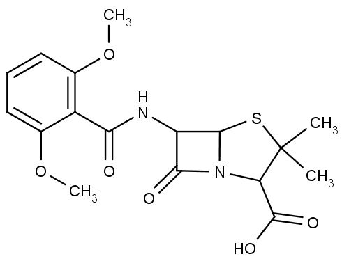 Chemická struktura meticilinu, antibiotika penicilinové řady.