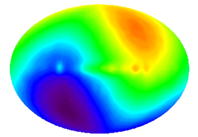 Pohled na reliktní záření celé oblohy v nepravých barvách. Nehomogenity jsou vyvolány pohybem Země. Fialová skvrna určuje oblast, kam Země směřuje. V tomto směru se vlnová délka pozorovaného záření zkracuje. Oranžově vidíme směr, odkud letí.