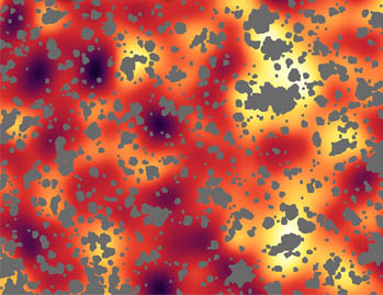 Snímek zobrazující záření první generace hvězd. Šedivé skvrny jsou na místech, odkud byly digitálně odfiltrovány jiné zářící objekty (foto NASA).