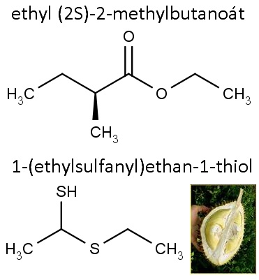 Struktura sloučenin vytvářejících durianový pach, vpravo dole rozpůlený plod mohutného stromu Durio zibethinus