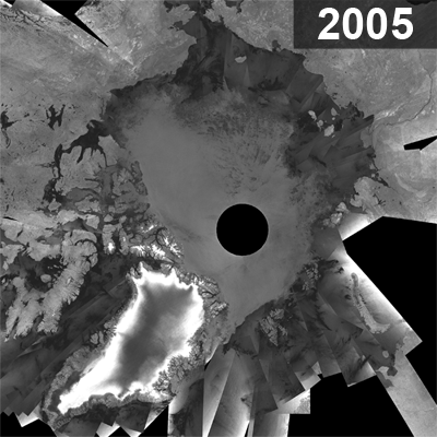 Animace porovnává ledovou pokrývkou v letech 2005 až 2007. Byla složena přibližně z dvou set  snímků pořízených radarem ASAR družice Envisat vždy mezi 1. a 10.zářím odpovídajícího roku (foto ESA).