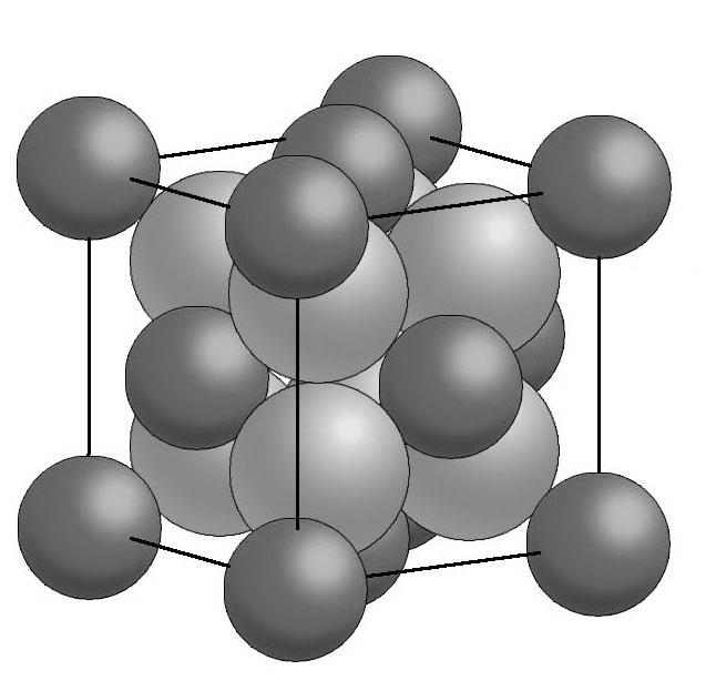 Schematické znázornění krystalové struktury helidu sodného Na2He. Větší koule označují atomy sodíku, menší helia.