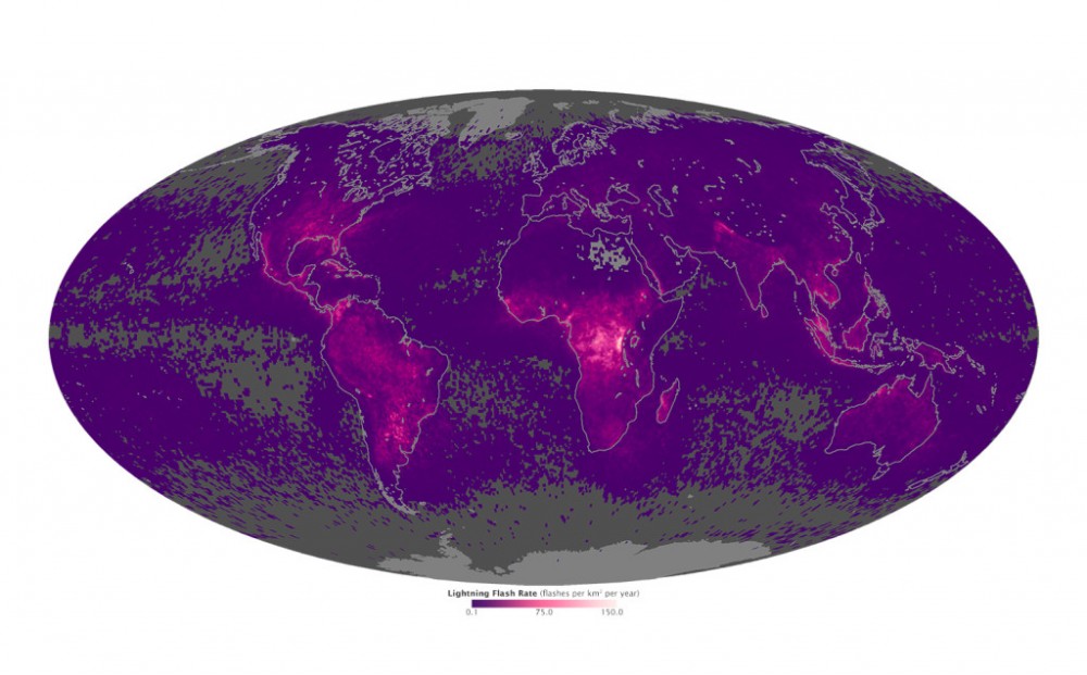hustota blesků na Zeměkouli, obr. NASA