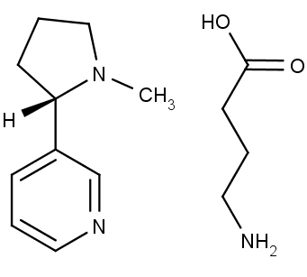 Chemická struktura nikotinu vlevo, gama-aminomáselné kyseliny vpravo.
