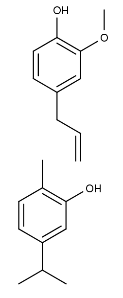 eugenol (nahoře) a karvakrol (dole), hlavní součástí hřebíčkového, resp. dobromyslového oleje