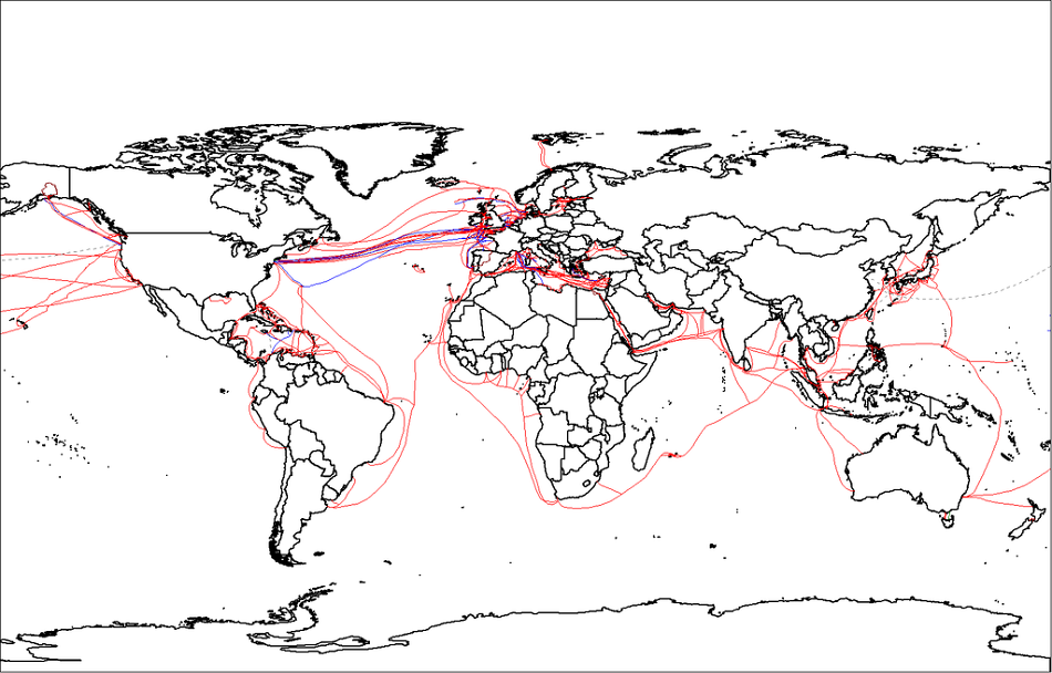 Mapa položených oceánských kabelů v roce 2007 (obr.Rarelibra, Public domain, via Wikimedia Commons).