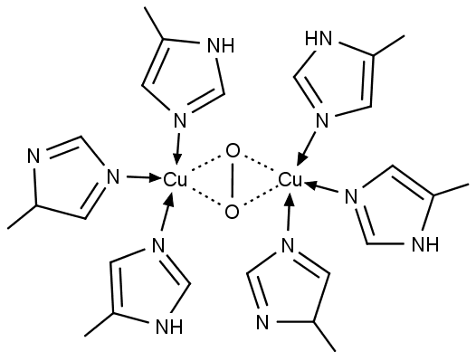 Chemická struktura vazebného místa oxyhemocyaninu pro kyslík.