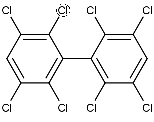Jeden z polychlorovaných bifenylů. Kroužek označuje jednu z ortho poloh v molekule.