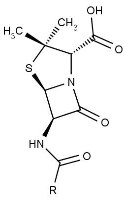 Chemická struktura penicilinu.