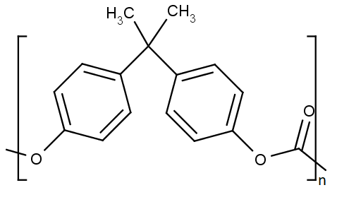 Chemická struktura polymerního polykarbonátu na bázi bisfenolu A.