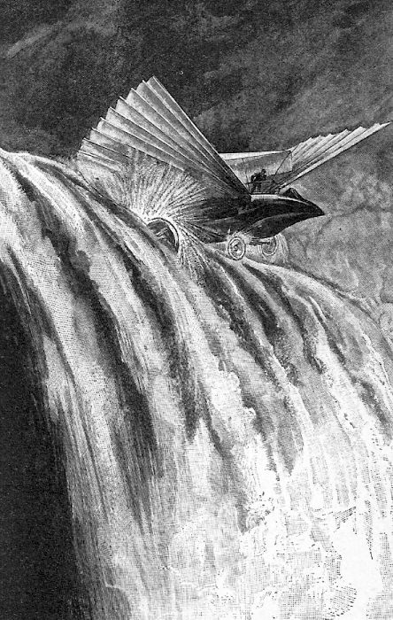 Umělecká předloha EagleRaye, stroj „Postrach“ z románu Pán světa (Maître du monde, 1904), startující z Niagarských vodopádů (George Roux, Public domain, via Wikimedia Commons). Výplod Verneovy fantazie navíc uměl jezdit po zemi rychlostí 240 km/hod.