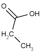 Chemická struktura kyseliny propionové, systematicky propanové.