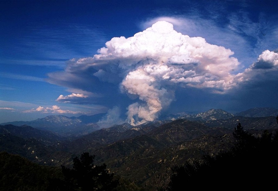 Pyrokumulus  nad kaňonem Azusza v Kalifornii roku 2012 (JeremyaGreene, CC BY-SA 4.0 (https://creativecommons.org/licenses/by-sa/4.0)], via Wikimedia Commons).