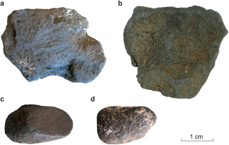 Úlomky pyroluzitu z naleziště Pech-de-l’Azé. Dva spodní, označené c a d, nesou stopy po obrušování. Úlomek b pochází ze starších vykopávek z počátku 20.století, ostatní byly nalezeny v letech 2004 - 2005 (Heyes, P. J. et al. Selection and Use of Manganese Dioxide by Neanderthals. Sci. Rep.6, 22159, 2016; doi: 10.1038/srep22159).