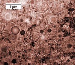 Mikroskopický snímek uspořádané-neuspořádané slitiny Al-Fe-Si (foto Bendersky/NIST).