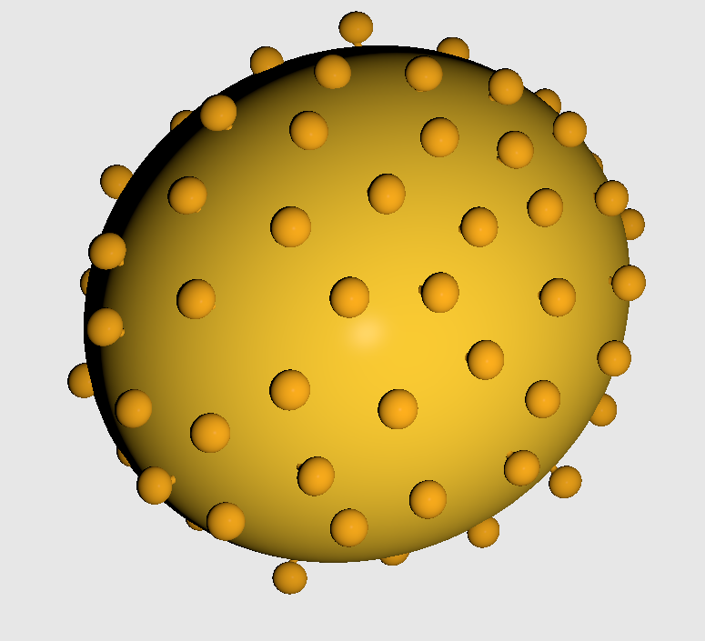 Kresba retroviru, mezi které virus Rousova sarkomu náleží. Průměr činí zhruba 100 nm. Z povrchu vyčnívají molekuly glykoproteinů.