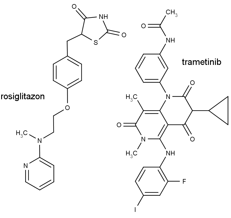 Chemická struktura rosiglitazonu (vlevo) a trametinibu  (vpravo).