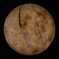 Povrch planety Venuše reknstruovaný z radarových pozorování. Ve viditelných vlnových délkách není kvůli neprůhledné atmosféře pozorovatelný, obr.Henrik Hargitai, CC BY-SA 4.0, https://creativecommons.org/licenses/by-sa/4.0/deed.en, https://commons.wikimedia.org/wiki/File:Radar_Globe_of_Venus.gif.