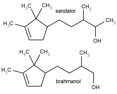 Nahoře chemická struktura sandaloru a dole brahmanolu, syntetických napodobenin vůně santalového oleje, které se v něm nevyskytují.