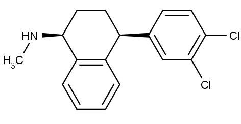 Chemická struktura antidepresiva sertralinu.