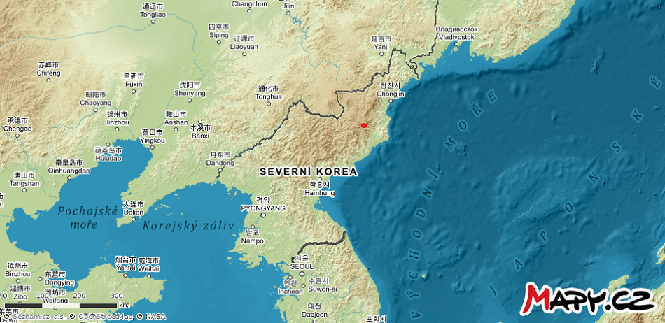 Polohu hory Mantap na mapě Severní Koreje vyznačuje červený kroužek.