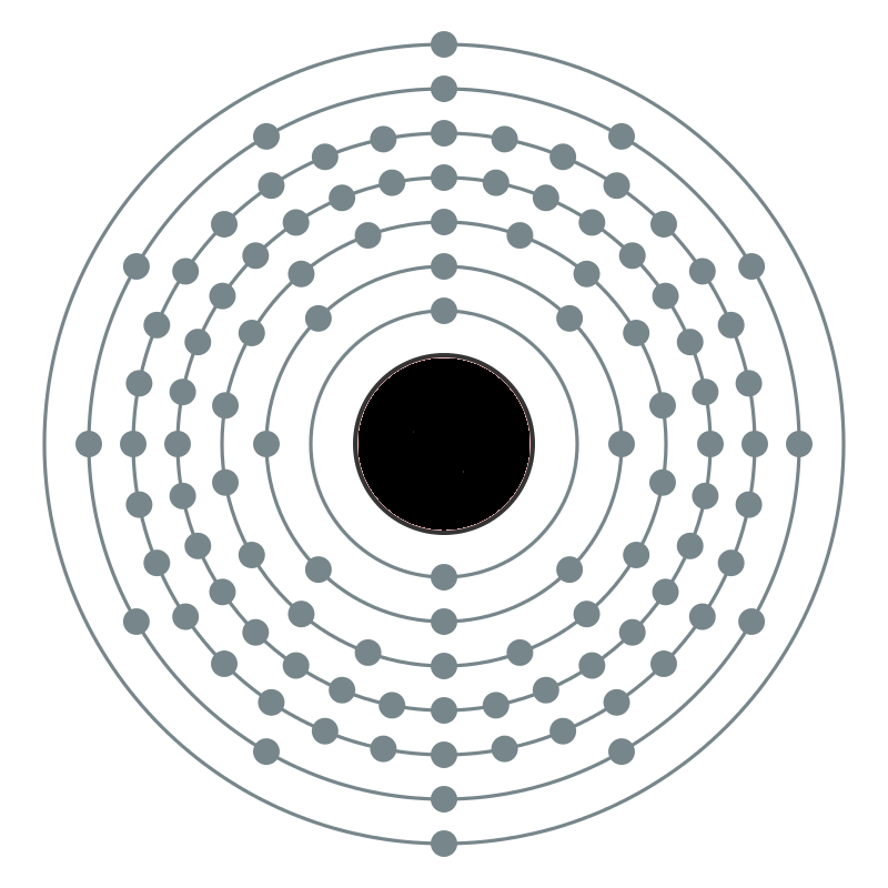 Schematická elektronová konfigurace seaborgia. Skutečné vzdálenosti jsou výrazně odlišné. Černý kroužek uprostřed znázorňuje atomové jádro se 106 protony, šedivé kroužky jsou záporně nabité elektrony.