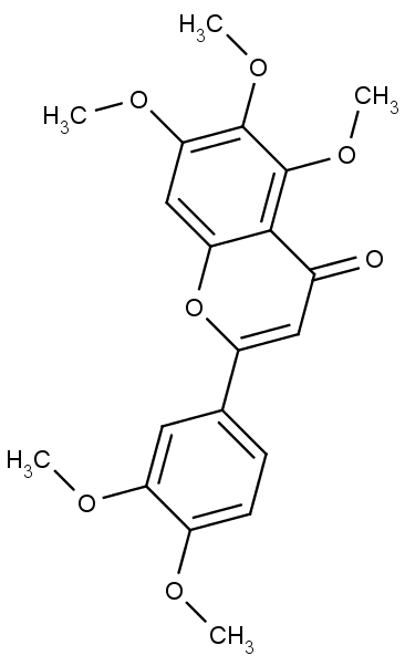 Chemická struktura sinensetinu z citrusů.