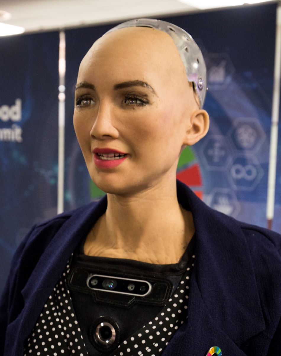 Chatbotka Sofie vyvinutá hongkongskou společností Hanson Robotics. 25.října 2017 získala občanství Saúdské Arábie. Stala se tak prvním robotem se státní příslušností. ITU Pictures from Geneva, Switzerland [CC BY 2.0 (https://creativecommons.org/licenses/by/2.0)].