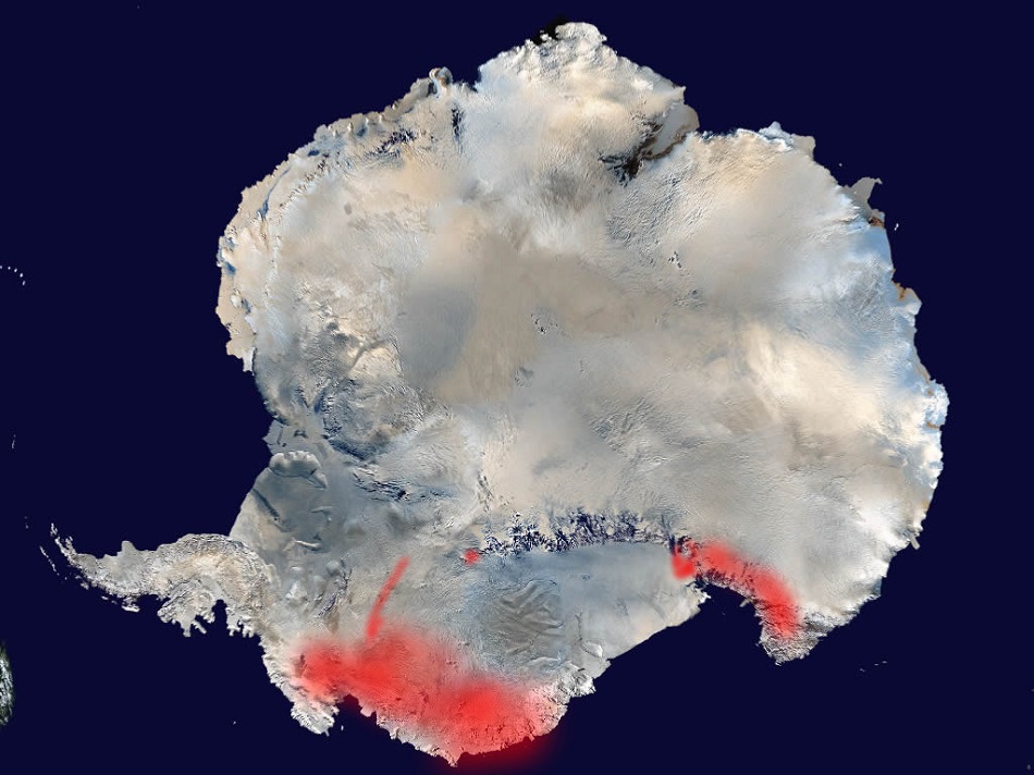 Červená vyznačuje nově objevenou vulkanickou oblast na snímku Antarktidy složeném z družicových fotografii (NASA).