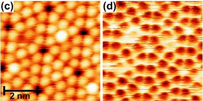 Jednotlivé atomy křemíku na povrchu pevné látky zobrazené pomocí tradičního mikroskopu atomárních sil (vlevo) a nové metody Kelvinova mikroskopu atomárních sil (vpravo)