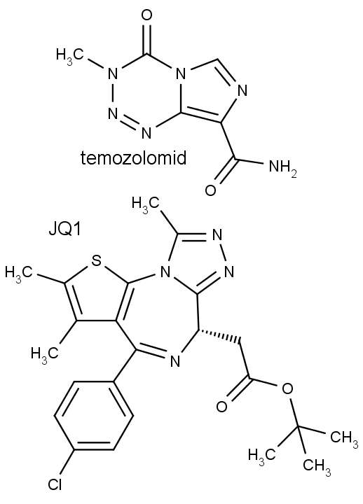 Chemická struktura sloučenin JQ1 a temozolomidu.