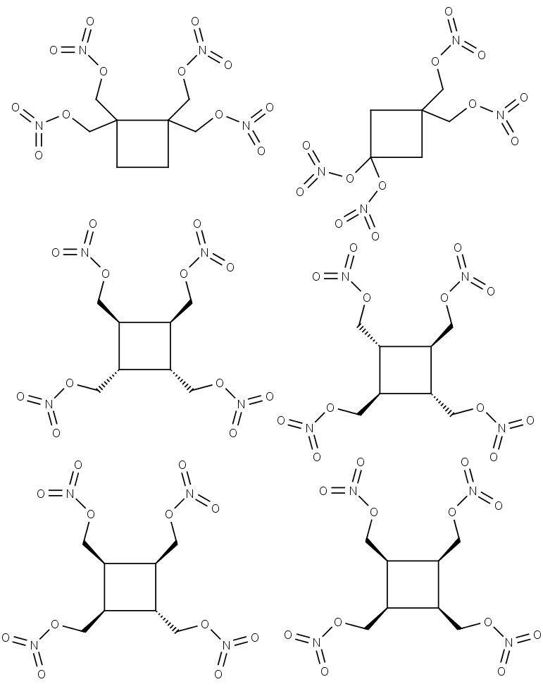Chemická struktura různých izomerů tetrakis-(nitroxymethyl)cyklobutanu.