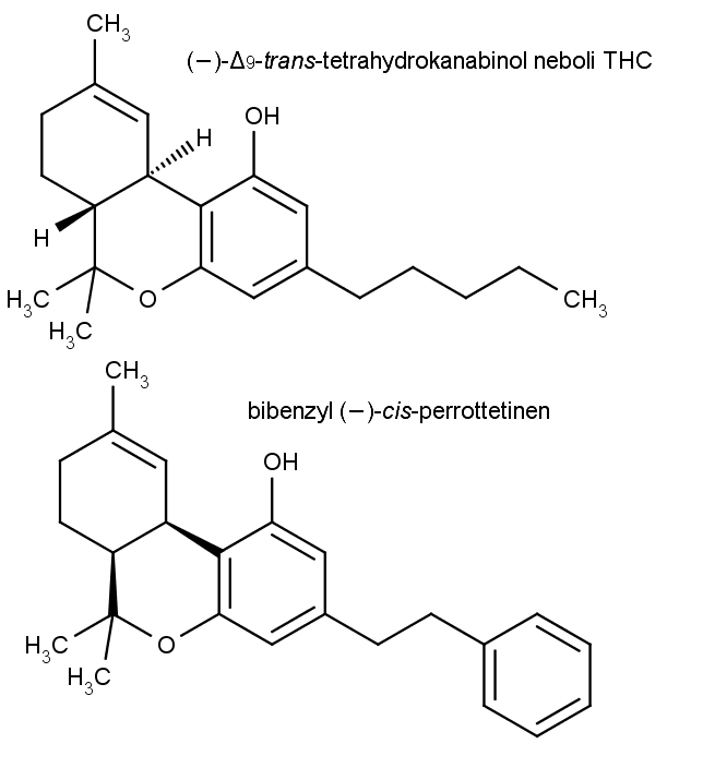 Chemická struktura THC a perrotettinenu.