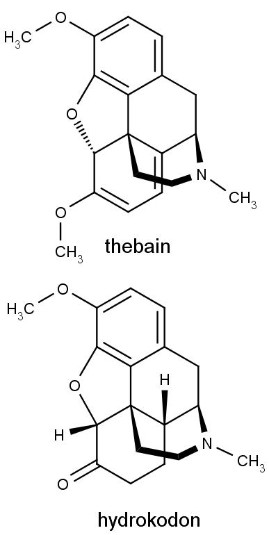 struktura thebainu (nahoře) a hydrokodonu (dole)