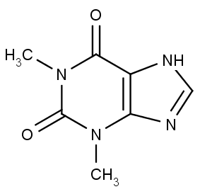 struktura theofylinu, jedné z účinných látek čaje